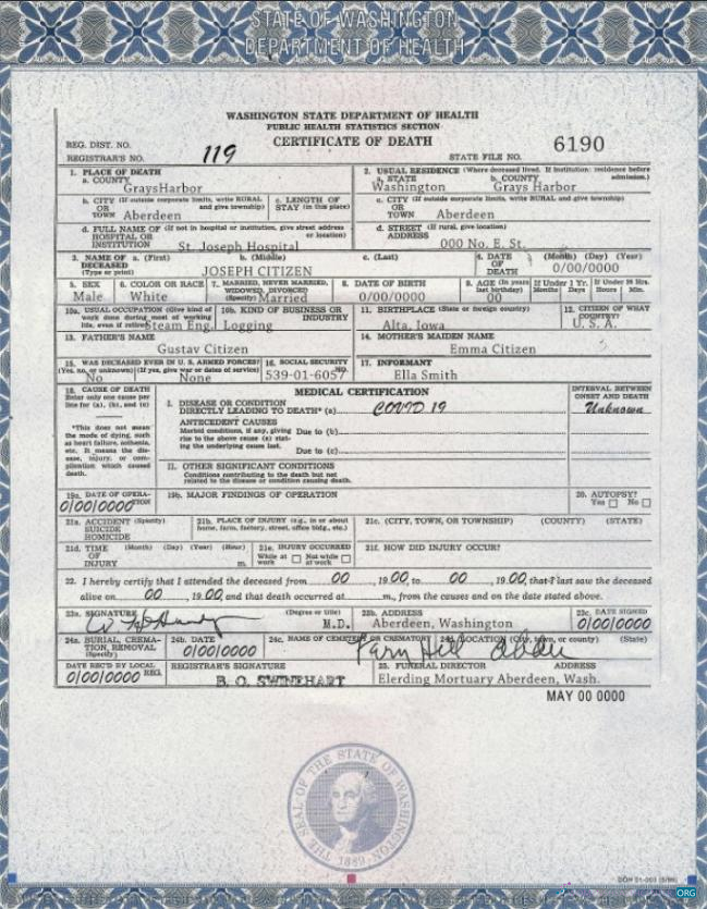 Download USA Washington state death certificate template in PSD format Photoshop template